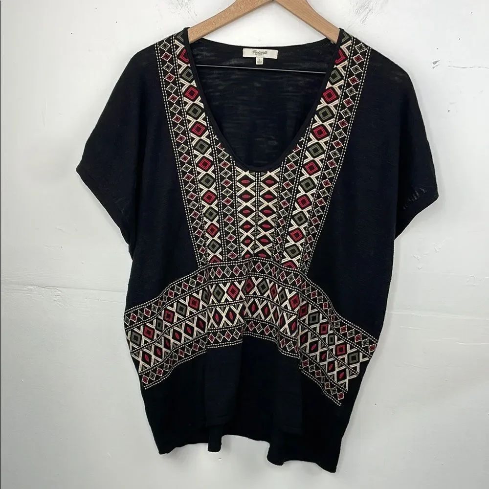 Madewell Boho Aztec Top Womens Black Short Sleeve Embroidered relaxed fit Large